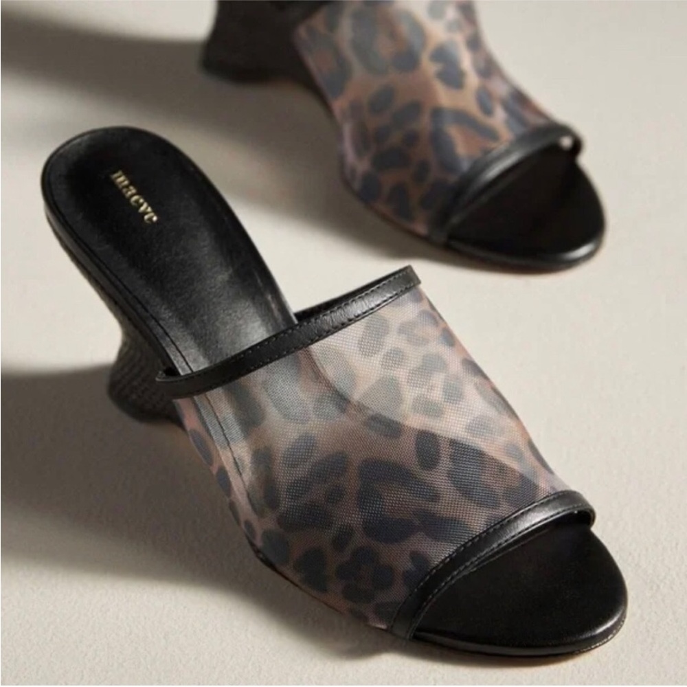 New Anthropology Maeve Mesh Leopard Print Wedge Mules - Black and Brown